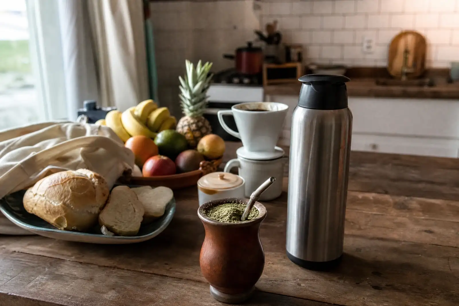 Mesa de cozinha com pão fresco, café e uma cuia de mate