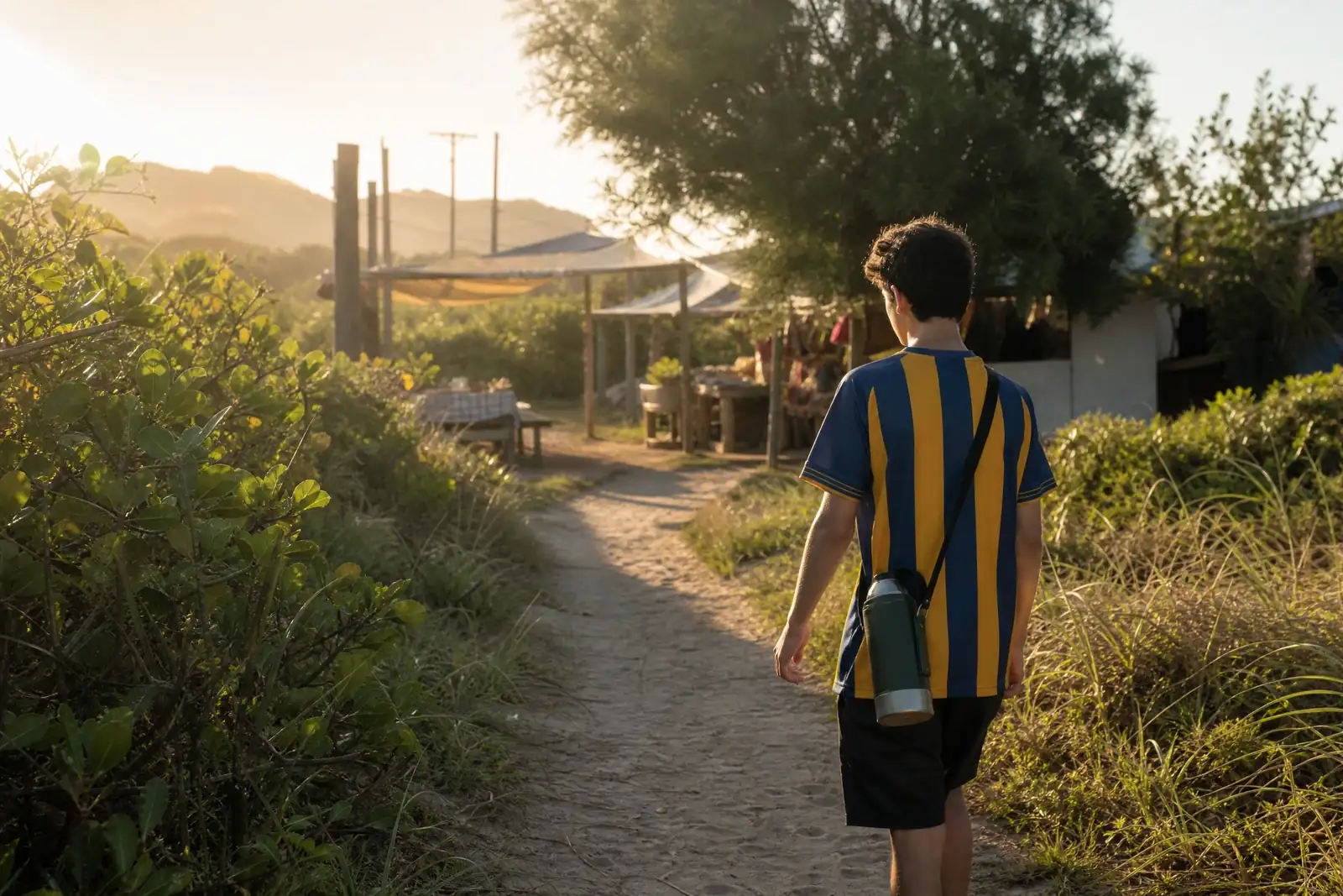 Trilha de areia entre vegetação de restinga levando a uma pequena feira local