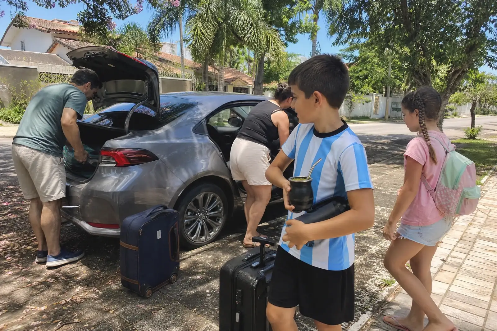 Família descendo de um carro de aplicativo com malas numa rua arborizada