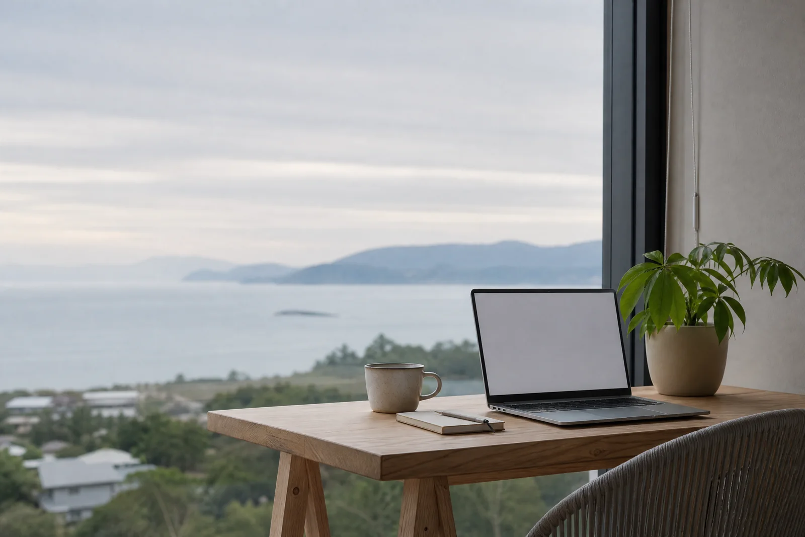 Espaço de trabalho tranquilo com paisagem costeira ao fundo